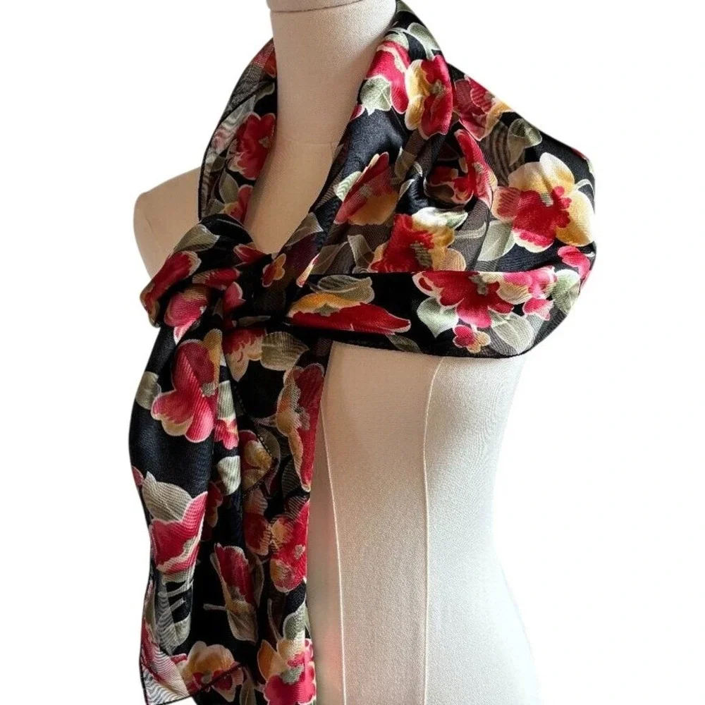 Floral Black Sheer Scarf 13x60 Lightweight Silky Striped Shawl Victorian Regency